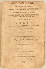 Couverture du premier livre de cuisine, American Cookery (1796), par Amelia Simmons.