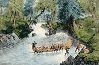 Canadian Voyageurs pushing a canoe into a set of rapids, LAC