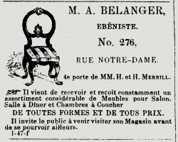 Publicité de M. A. Bélanger, ébéniste, L'Opinion publique, 1870. © Bibliothèque et Archives Canada