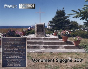 Composite photograph of the plaque and monument dedicated to father Sigogne