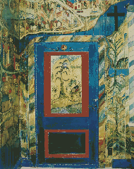 The door to Villeneuve's barber shop, as painted by the artist in 1957 
