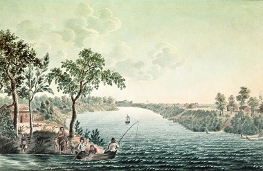 Summer scene close to Fort Douglas de la Compagnie on Red River. Designed from nature in July, 1822