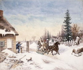 The majority of the canvasses painted by Cornelius Kreighoff (1815-1872) feature Canadian Horses. This one is a watercolour reproduction (replica artist unknown) of Habitants Running the Toll Gate, 1867. © BAC
