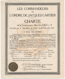 Charter of the Commanderie Alexandre-A.-Taché (Edmonton, Alberta) of the Ordre de Jacques Cartier, September 1930.