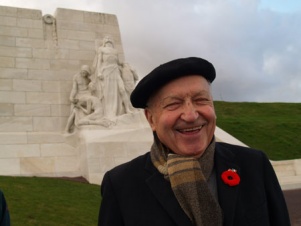 Georges Devloo standing before the Canadian National Vimy Memorial
