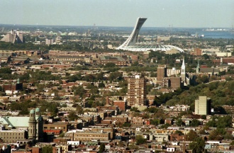 Panoramic view of the Montreal Olympic Stadium taken from Mont Royal, 1987