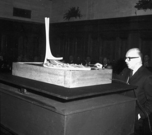 Montreal Mayor Jean Drapeau presents the Montreal-Paris Monument project, December 1964.