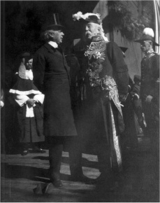 Sir Wilfrid Laurier, Prime Minister, meeting with Sir Henri-Gustave Joly de Lotbinière, Lieutenant-Governor of British Columbia, wearing his Windsor uniform.