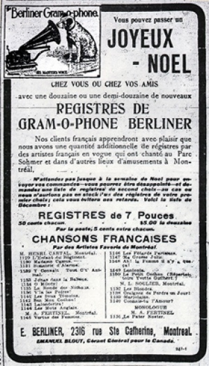 An advertisement for E. Berliner, Montreal, appearing in 1903, © La Patrie, Montréal