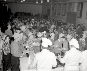 Buffet meal at a snowshoe festival in the Laurentian community of Mont-Laurier, 1959.