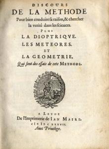 Page titre de la première édition de Rene? Descartes, Discours de la Méthode, publié par Ian Maire, 1637