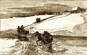 La traversée des cours d'eau demeurera longtemps un problème. Scène d'hiver au Canada - Traversée périlleuse d'un cours d'eau à Saint-Tite, fin XIXe siècle