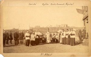 Fête-Dieu procession in St. Albert, Alberta, around 1880
