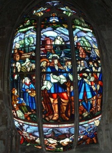 Detail of a stained-glass window at Notre-Dame de Mortagne-au-Perche church: La Rochelle setting out, bound for New France, in 1662.
