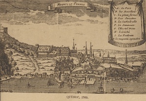 This anonymous engraving dating from 1700 illustrates the importance of the geographic site, with the Royal Battery beside the river and the stockades protecting institutional buildings on the promontory.