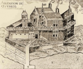 Illustration de la première habitation de Champlain en 1608, publiée dans Oeuvres de Champlain de C.H. Laverdière.