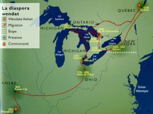 Map of the Wendat diaspora dispersed in 1649, following the destruction of Huronia 