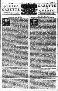 Page frontispice du journal The Quebec Gazette/La Gazette de Québec du 12 juillet 1764