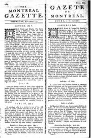 Page frontispice du journal The Montreal Gazette/La Gazette de Montréal du 17 novembre 1785