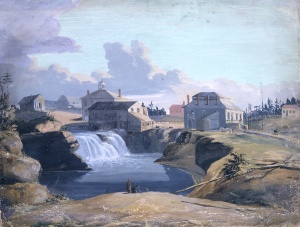 View of Philemon Wrights mill and tavern at the Chaudière Falls, in Hull, on the Ottawa River, in Lower Canada, 1823 