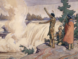 Offering of tobacco near the main Chaudière Falls as imagined by C.W. Jeffreys, circa 1930