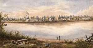 Old Fort William and the Hudsons Bay trading post at the mouth of the Kaministikwia River, circa 1853.
