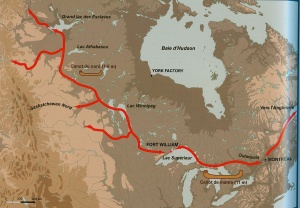 Map showing the trade routes linking Montreal-Fort William-Lake Athabasca.