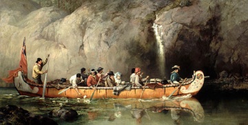 Canoe Manned by Voyageurs Passing a Waterfall by Frances A. Hopkins, 1869