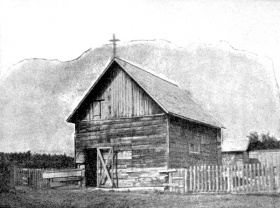 Première église Saint-Joachim. Missionary Oblates, Grandin Archives.
